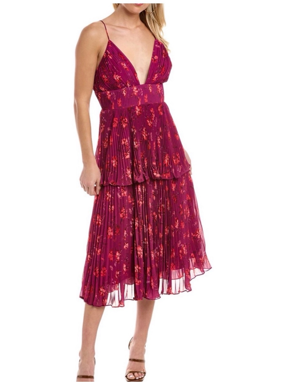 AMUR Magenta Floral Pleated Spaghetti-Strap Midi Dress